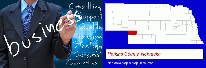 typical business services and concepts; Perkins County, Nebraska highlighted in red on a map