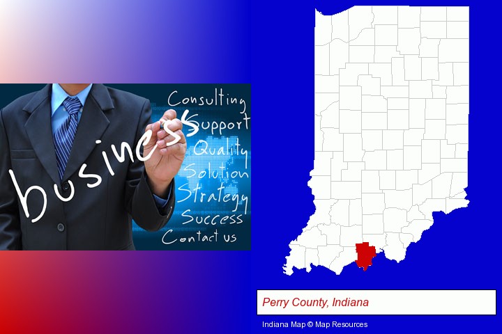 typical business services and concepts; Perry County, Indiana highlighted in red on a map