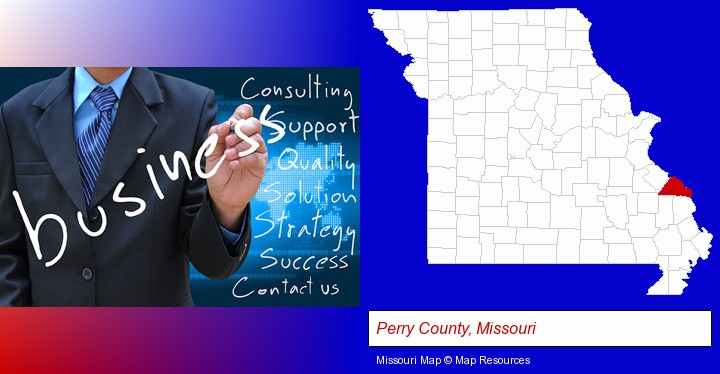 typical business services and concepts; Perry County, Missouri highlighted in red on a map