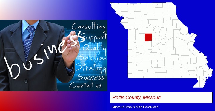 typical business services and concepts; Pettis County, Missouri highlighted in red on a map