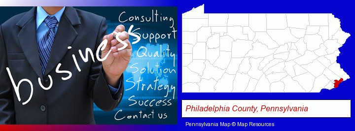 typical business services and concepts; Philadelphia County, Pennsylvania highlighted in red on a map