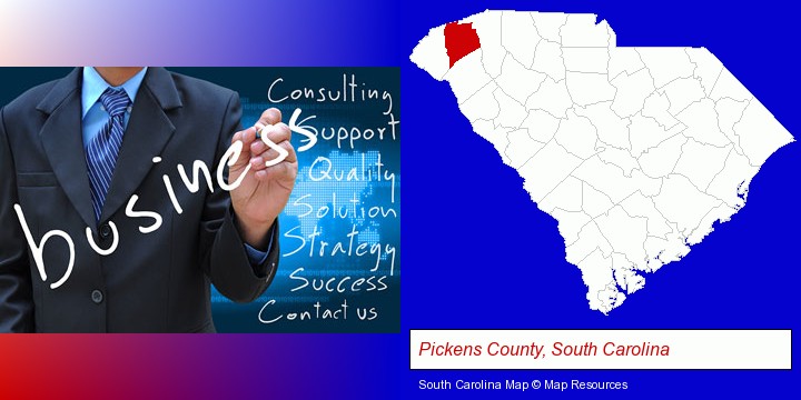 typical business services and concepts; Pickens County, South Carolina highlighted in red on a map