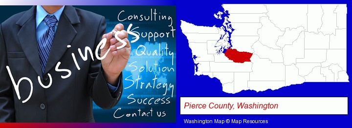 typical business services and concepts; Pierce County, Washington highlighted in red on a map