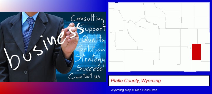 typical business services and concepts; Platte County, Wyoming highlighted in red on a map