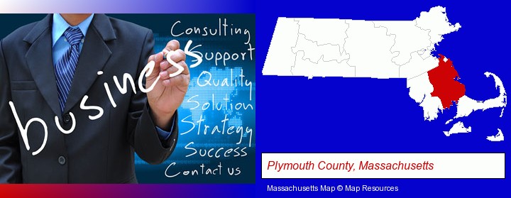 typical business services and concepts; Plymouth County, Massachusetts highlighted in red on a map