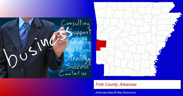 typical business services and concepts; Polk County, Arkansas highlighted in red on a map