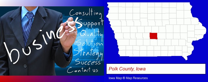 typical business services and concepts; Polk County, Iowa highlighted in red on a map