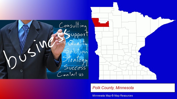 typical business services and concepts; Polk County, Minnesota highlighted in red on a map