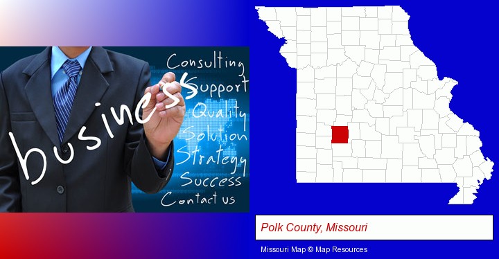 typical business services and concepts; Polk County, Missouri highlighted in red on a map