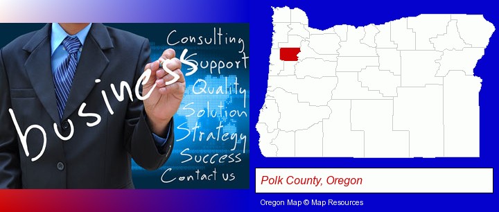 typical business services and concepts; Polk County, Oregon highlighted in red on a map