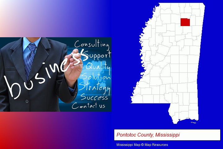 typical business services and concepts; Pontotoc County, Mississippi highlighted in red on a map