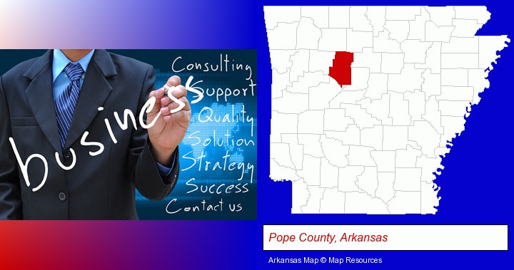 typical business services and concepts; Pope County, Arkansas highlighted in red on a map