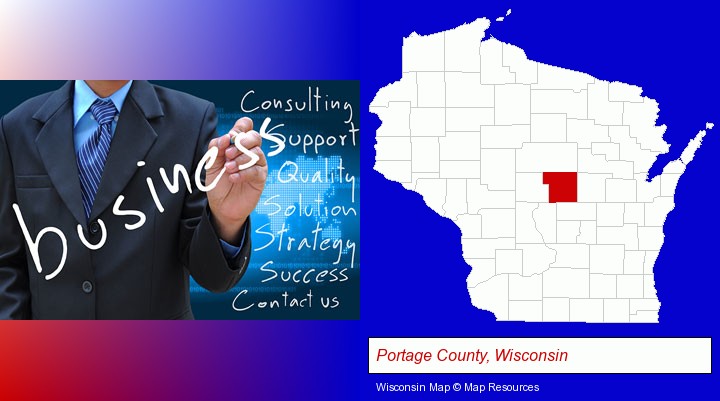 typical business services and concepts; Portage County, Wisconsin highlighted in red on a map