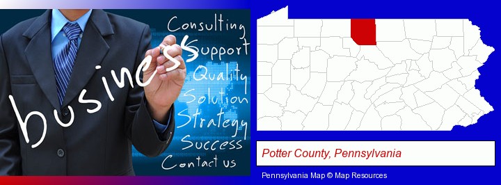 typical business services and concepts; Potter County, Pennsylvania highlighted in red on a map
