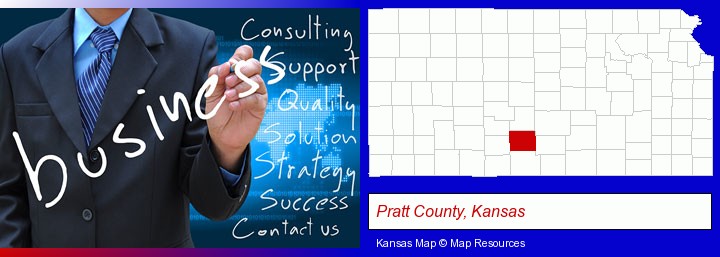 typical business services and concepts; Pratt County, Kansas highlighted in red on a map