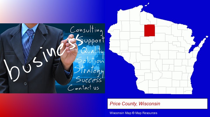 typical business services and concepts; Price County, Wisconsin highlighted in red on a map