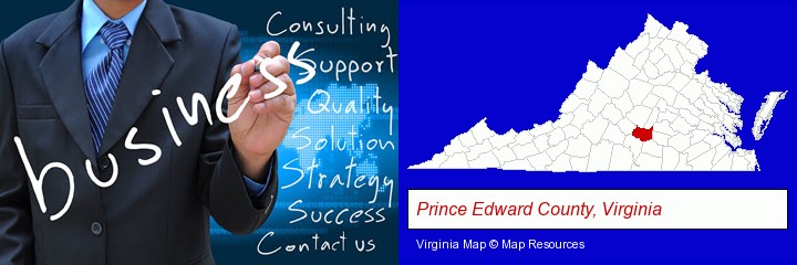 typical business services and concepts; Prince Edward County, Virginia highlighted in red on a map
