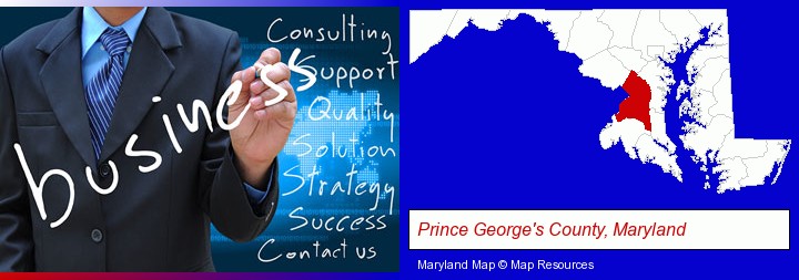 typical business services and concepts; Prince George's County, Maryland highlighted in red on a map