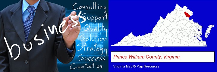 typical business services and concepts; Prince William County, Virginia highlighted in red on a map