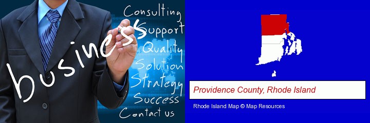 typical business services and concepts; Providence County, Rhode Island highlighted in red on a map