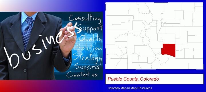 typical business services and concepts; Pueblo County, Colorado highlighted in red on a map