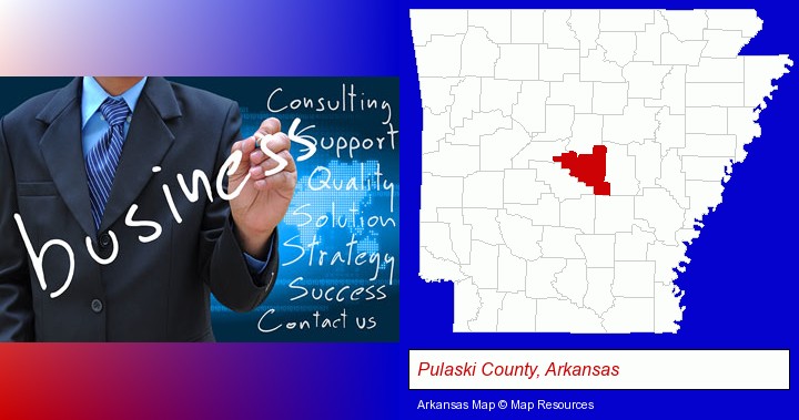 typical business services and concepts; Pulaski County, Arkansas highlighted in red on a map