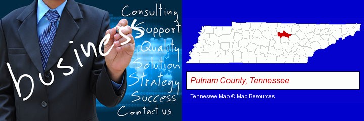 typical business services and concepts; Putnam County, Tennessee highlighted in red on a map