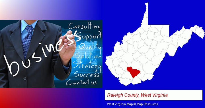 typical business services and concepts; Raleigh County, West Virginia highlighted in red on a map