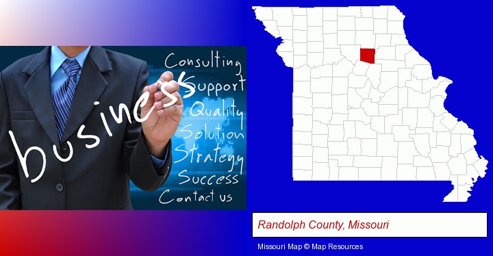 typical business services and concepts; Randolph County, Missouri highlighted in red on a map