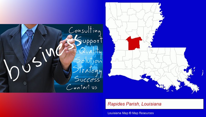 typical business services and concepts; Rapides Parish, Louisiana highlighted in red on a map