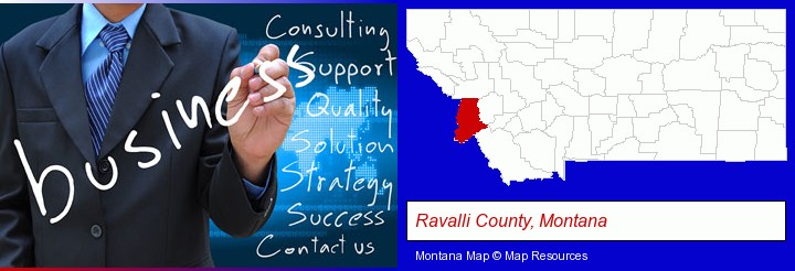 typical business services and concepts; Ravalli County, Montana highlighted in red on a map