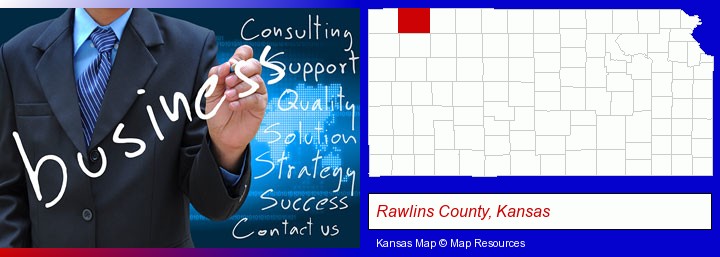 typical business services and concepts; Rawlins County, Kansas highlighted in red on a map