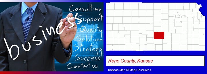 typical business services and concepts; Reno County, Kansas highlighted in red on a map