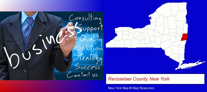 typical business services and concepts; Rensselaer County, New York highlighted in red on a map