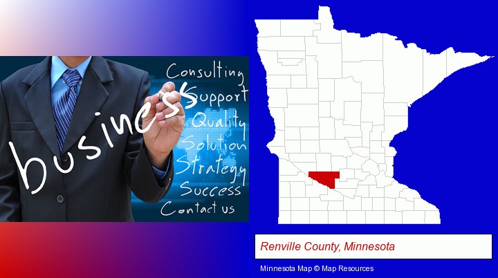 typical business services and concepts; Renville County, Minnesota highlighted in red on a map