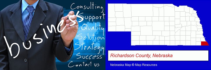 typical business services and concepts; Richardson County, Nebraska highlighted in red on a map
