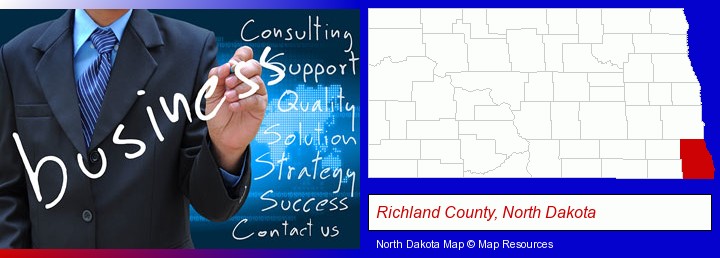 typical business services and concepts; Richland County, North Dakota highlighted in red on a map