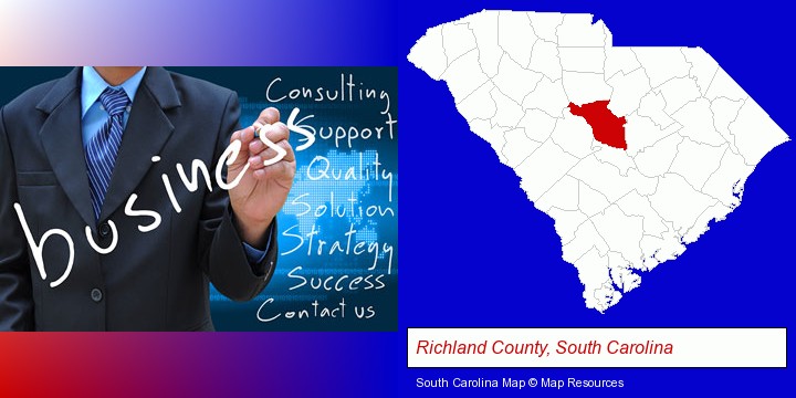 typical business services and concepts; Richland County, South Carolina highlighted in red on a map