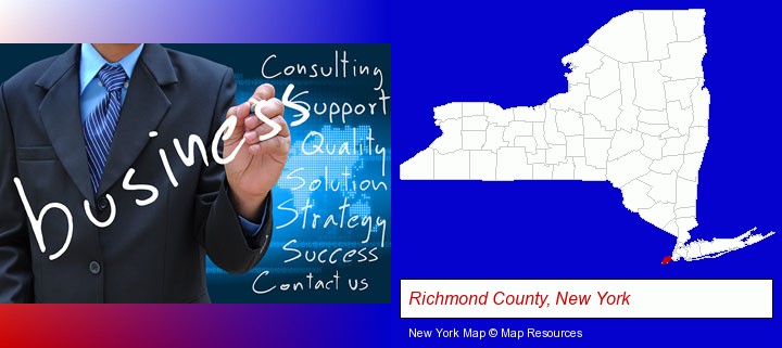 typical business services and concepts; Richmond County, New York highlighted in red on a map