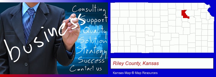 typical business services and concepts; Riley County, Kansas highlighted in red on a map
