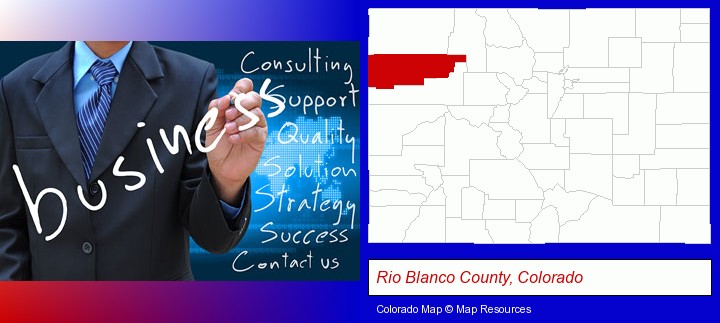 typical business services and concepts; Rio Blanco County, Colorado highlighted in red on a map