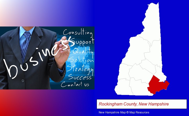 typical business services and concepts; Rockingham County, New Hampshire highlighted in red on a map