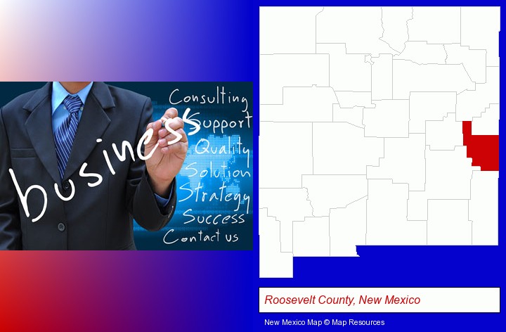 typical business services and concepts; Roosevelt County, New Mexico highlighted in red on a map