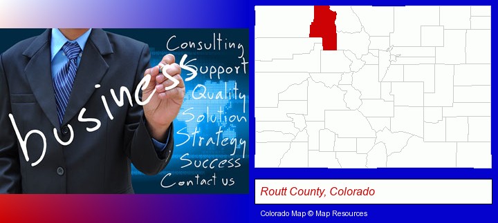 typical business services and concepts; Routt County, Colorado highlighted in red on a map