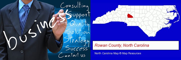 typical business services and concepts; Rowan County, North Carolina highlighted in red on a map