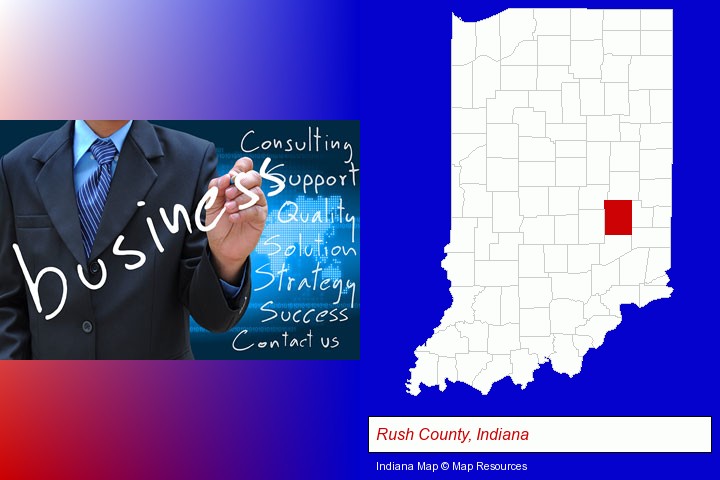 typical business services and concepts; Rush County, Indiana highlighted in red on a map