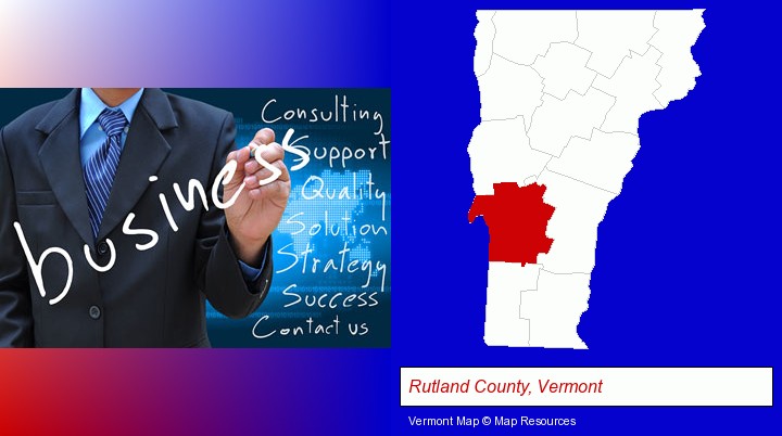 typical business services and concepts; Rutland County, Vermont highlighted in red on a map