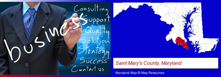 typical business services and concepts; Saint Mary's County, Maryland highlighted in red on a map