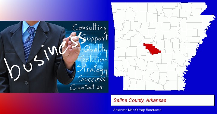 typical business services and concepts; Saline County, Arkansas highlighted in red on a map