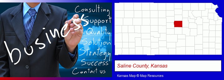 typical business services and concepts; Saline County, Kansas highlighted in red on a map